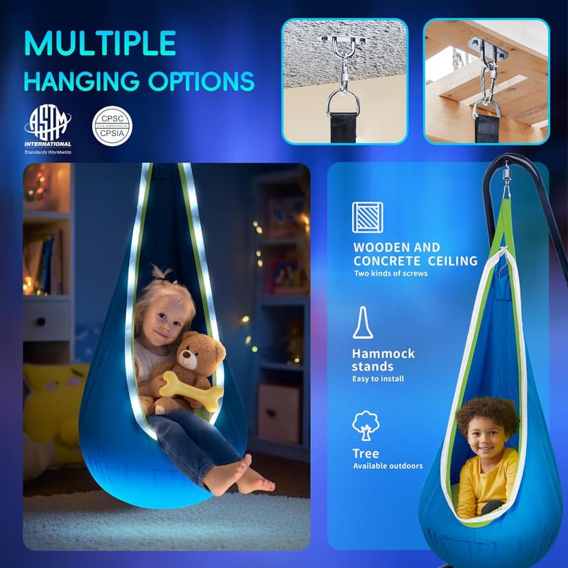 OUTREE Light Up Pod Swing Seat, Sensory Swing with LED Light, Cotton Kids Chair for Indoor and Outdoor, Hammock Chair Easy to Install, Blue