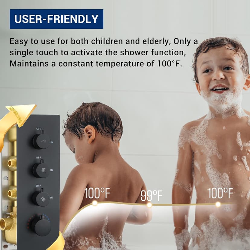16” Thermostatic Rain Shower System with 6 Body Jets & 16-Inch Rainfall Shower Head, JetsBath Full Body Shower Faucet Sets with Valve & Handheld, Matte Black Luxury Wall Mount Shower Faucet Set