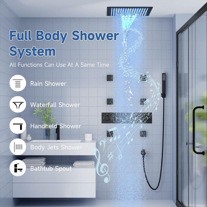 Smart Shower System with Body Jets, Black Shower Head and Handle Set,16" Ceiling Mount Rainfall Waterfall Shower Jets System with Tub Spout,Thermostatic Shower System Bathroom with Music and Led Light