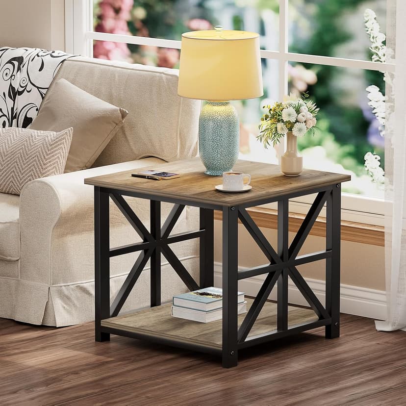 GreenForest End Table with 2-Tier Storage Shelf, 24 inch Large Side Table for Living Room,Modern Nightstand for Bedroom Bedside Office Farmhouse, Grey Wash