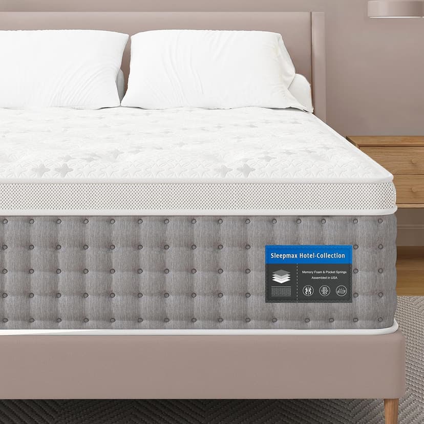 Sleepmax Queen Mattress 14 Inch - Hotel-Collection Hybrid Mattress Extra Lumbar & Hip Support - Deep Sleep Bed in a Box Pain Relief - Fiberglass-Free, CertiPUR-US Certified, 365-Night Trial