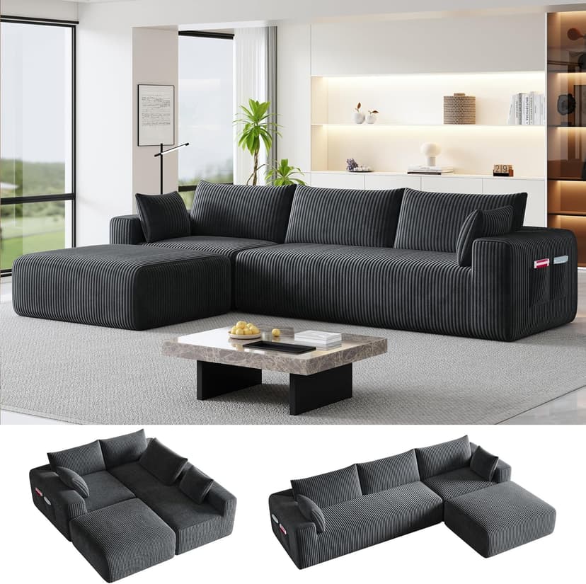 110”Modern Modular L-Shape Couch with Chaise, Modular Sectional Couches for Living Room, Deep Seat Boneless Sofa Bed, No Assembly Required Sleeper Sofa, Plush Corduroy Fabric, Dark Gray