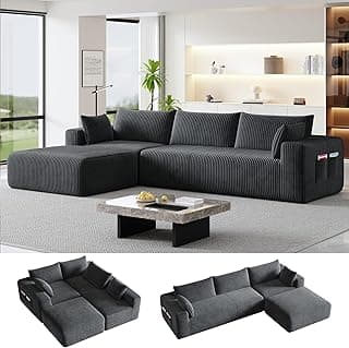 110”Modern Modular L-Shape Couch with Chaise, Modular Sectional Couches for Living Room, Deep Seat Boneless Sofa Bed, No Assembly Required Sleeper Sofa, Plush Corduroy Fabric, Dark Gray