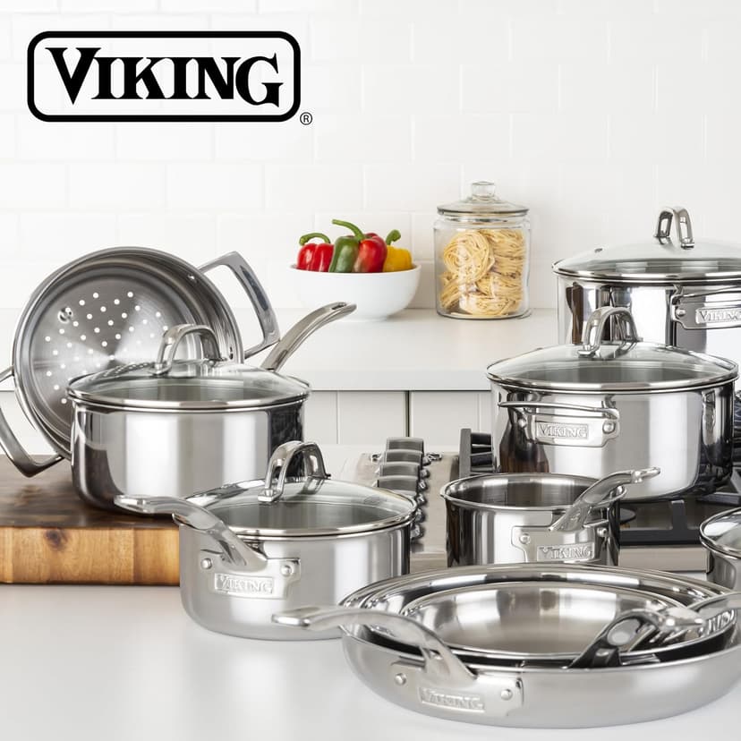 Viking 3-Ply Pots and Pans Set, 17 Piece Stainless Steel Cookware Glass Lids, Steamer Insert, Silver
