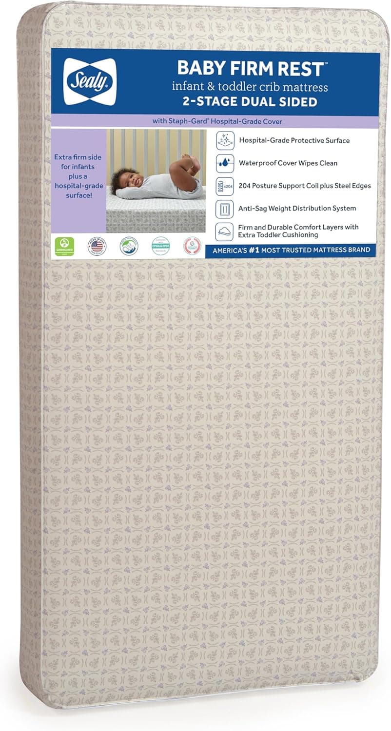 Sealy Baby Firm Rest Antibacterial Breathable Crib Mattress, Made in USA, GREENGUARD Gold Certified, 204 Steel Coils, 2 Stage, Toddler Bed Fit, Non Toxic, Safety & Quality Tested, 52x28"