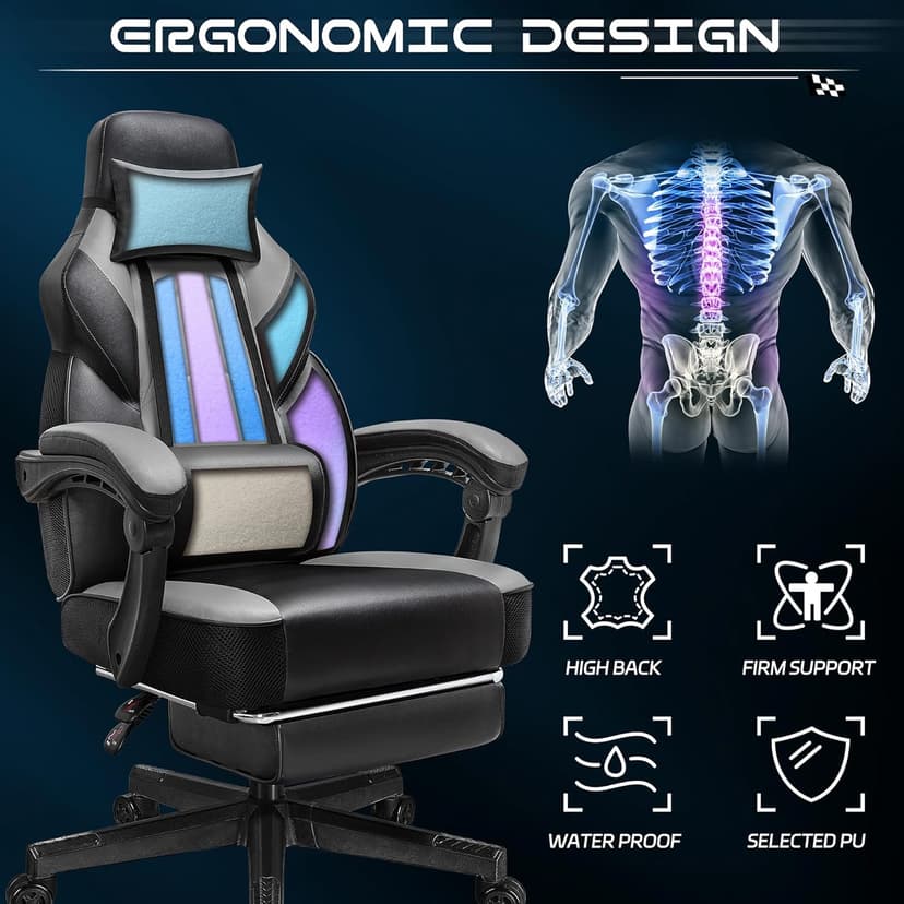 Meilocar Gaming Chair for Adult, Computer Chair with Footrest Video Game Chair Big and Tall Gaming Chair with Massage Lumbar Support, Adjustable Height and 360° Swivel Seat(Grey)