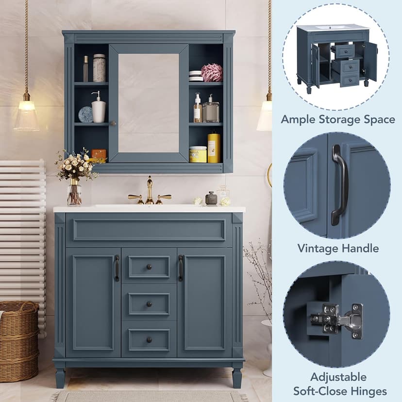 Merax 36" Bathroom Vanity with Sink, 36" Bathroom Vanity Cabinet with Matching Mirror Medicine Cabinet, Bathroom Storage Set (Blue)