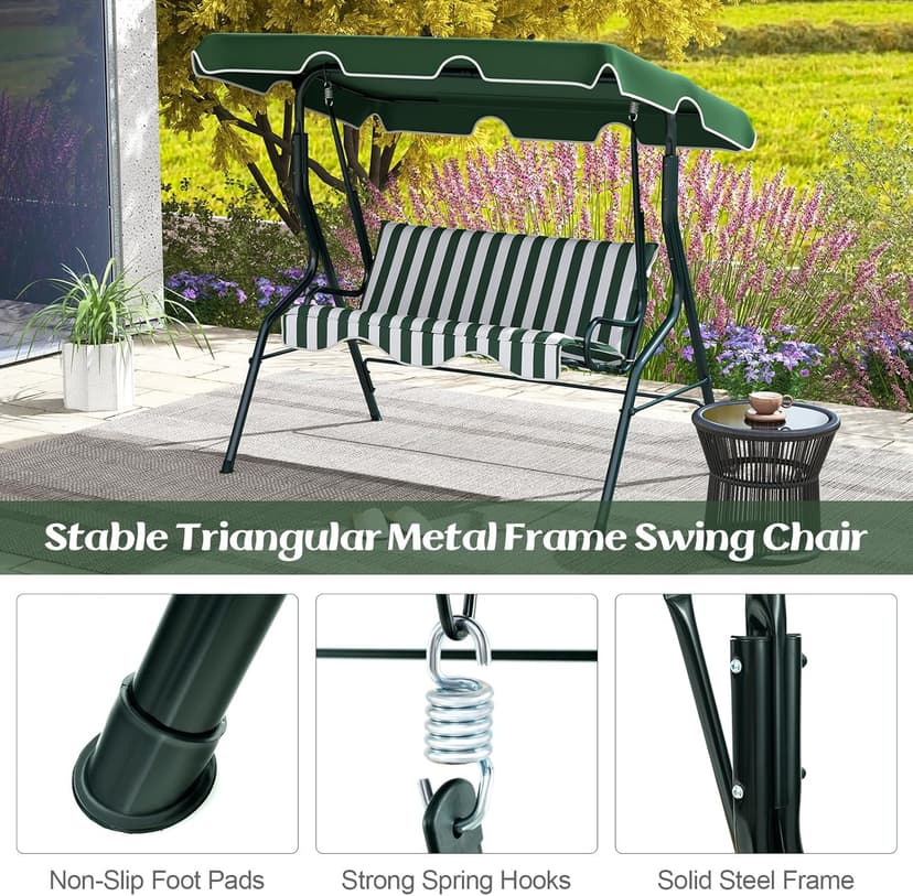 Tangkula 3 Person Porch Swing, Patio Swing with Removable Cushion & Powder-Coated Steel Frame, Outdoor Swing with Canopy for Porch, Backyard, Garden, Balcony (Green)