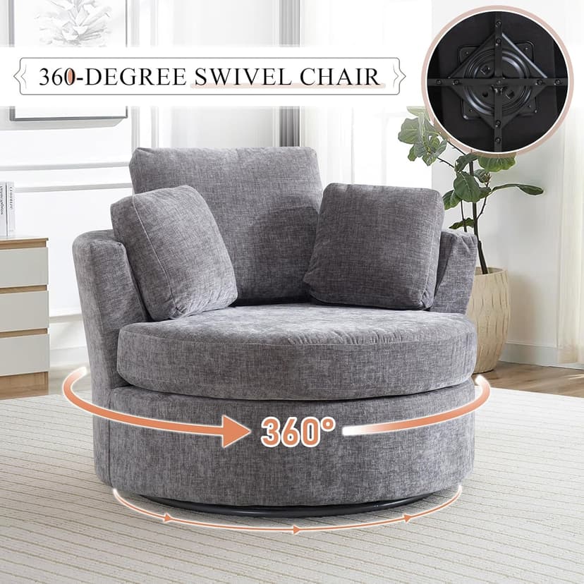 42" W Modern Grey Swivel Barrel Chair with 360° Round Metal Base & Soft Chenille Pillows & Thick Cushion, Comfy Oversized Chaise Longue Indoor Living Room, Bedroom Club Reading Armchair (Gray)