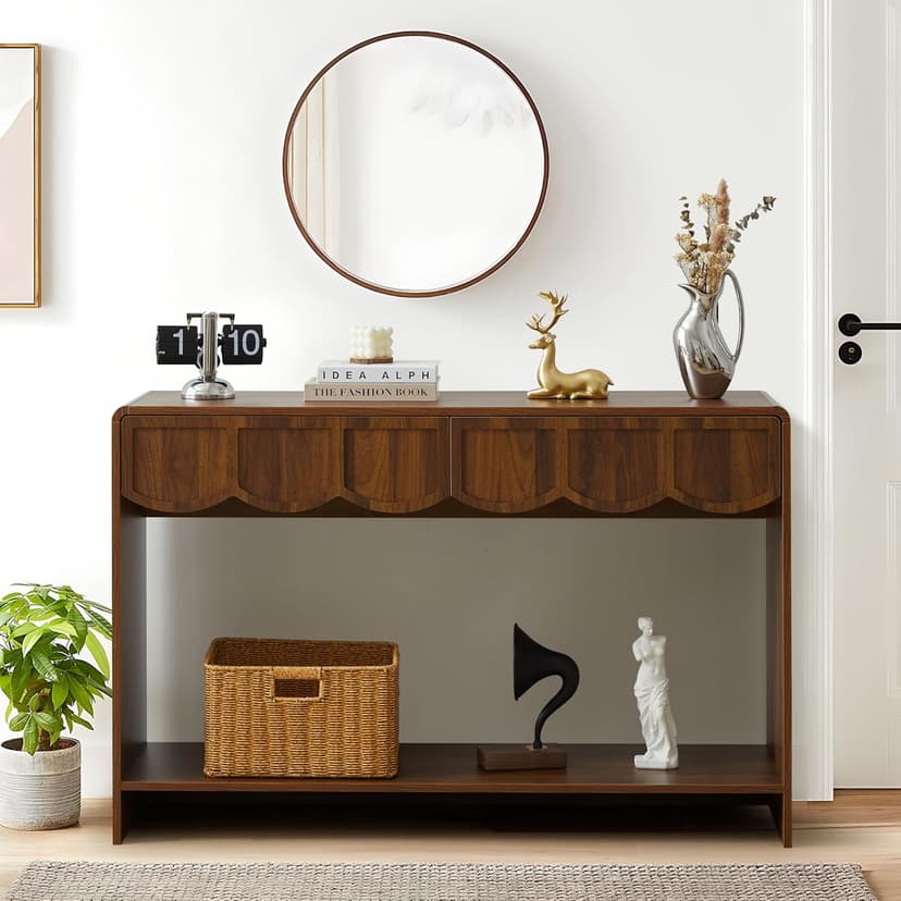 Console Table with Drawers, Mid-Century 43 Inches Narrow Entryway Tables with Open Storage Shelves, Hallway Accent Tables Behind Couch Table for Living Room - Walnut
