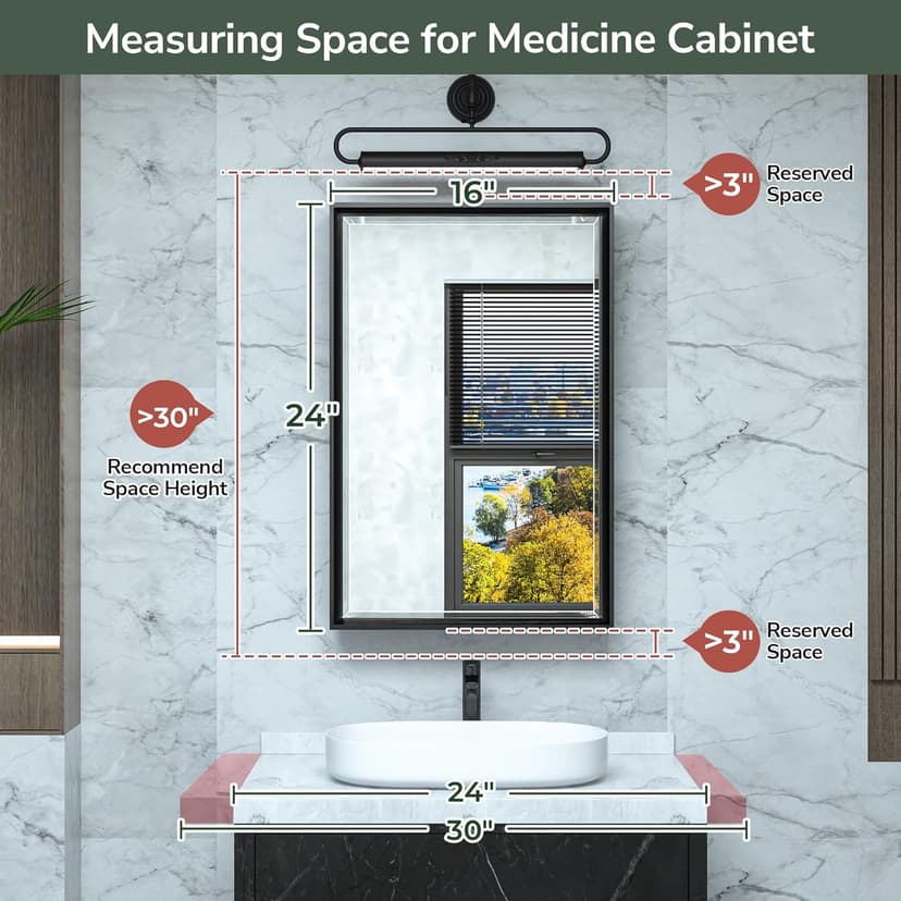 TokeShimi 17x25 Recessed Medicine Cabinet with Mirror Surface Mounted, Metal Beveled Mirror with Storage for Bathroom Vanity, Aluminum Black Medicine Cabinet Mirrored