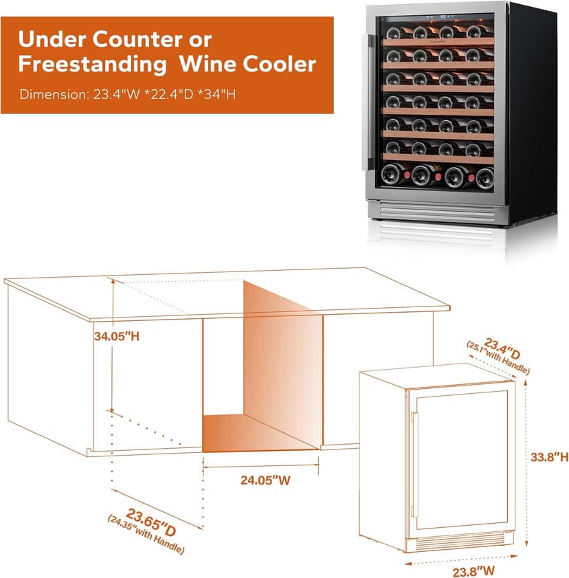 24 Inch Wine Fridge, 54 Bottle Wine Cooler Refrigerator, 40-65°F Wine Refrigerator Glass Door, 3 LED Wine Fridge, Built-in or Freestanding Wine Fridge for Home/Bar/Kitchen (5.65 cu.ft)