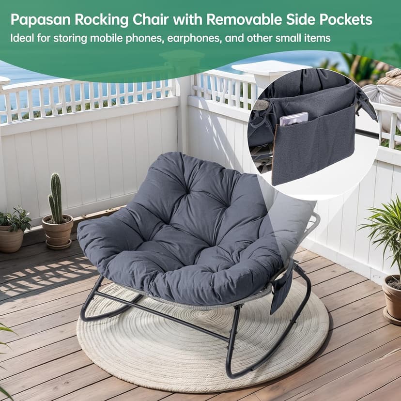 LotFun Papasan Rocking Chair, Outdoor Patio Rocking Chairs with Thick Cushion and Removable Side Pockets, Oversized Rocker Egg Chair for Bedroom, Porch, Garden (Dark Grey, 33" W x 40" D x 28" H)