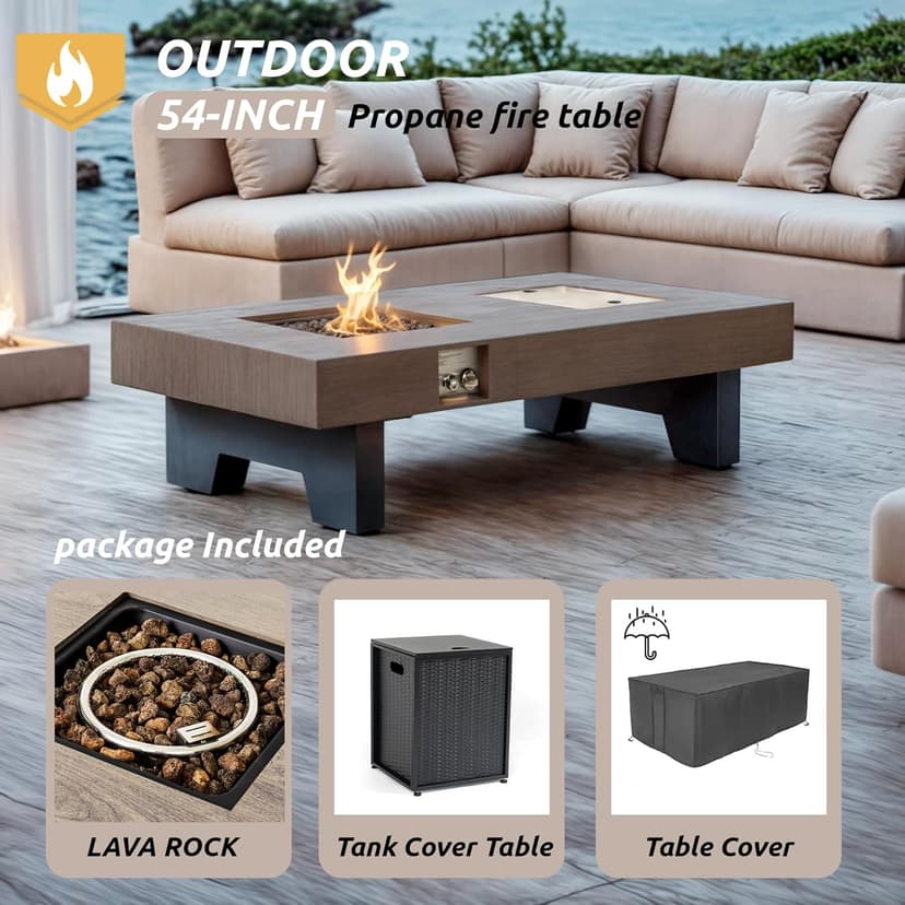 Propane Fire Pit,Outdoor Gas Fire Pit Table with Rain Cover,Rectangular Heater for Patio, Backyard, Deck,50,000BTU Outdoor Modern Patio Fire Pit (Wood, 54)