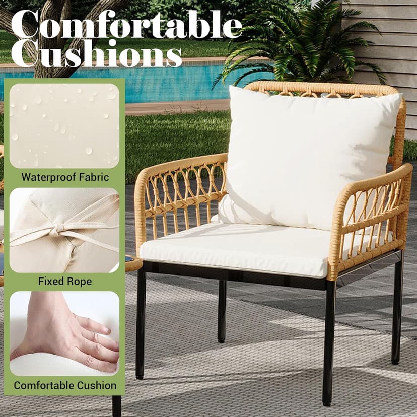 IDEALHOUSE 4-Piece Outdoor Patio Furniture Set, All-Weather PE Rattan Wicker Loveseat & Chairs with Glass Coffee Table & Steel Frame, Boho Conversation Set for Patio, Balcony, Backyard, Beige
