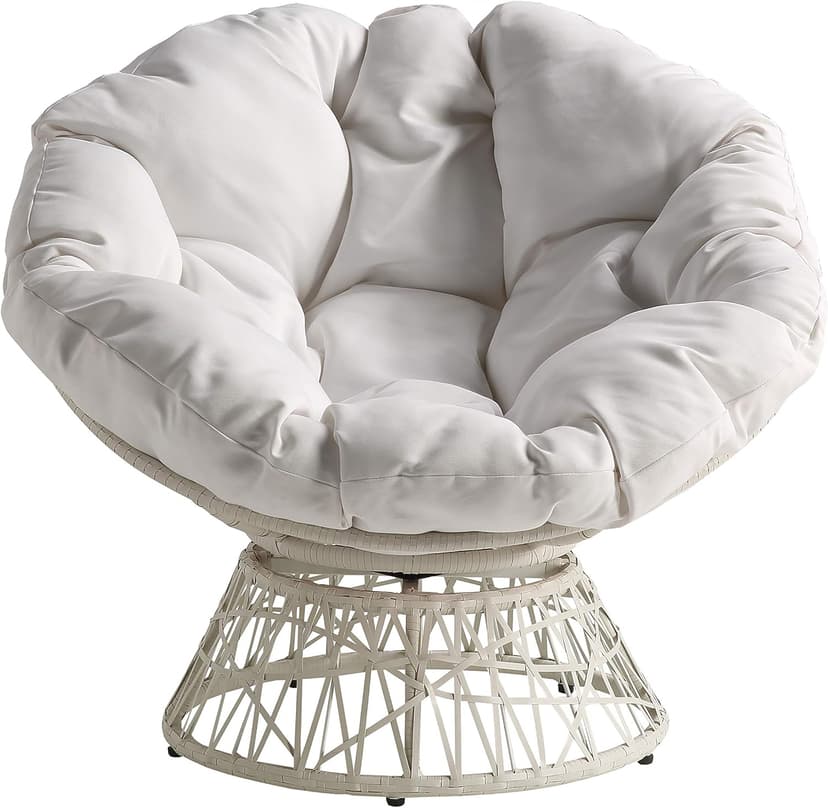 OSP Home Furnishings Wicker Papasan Chair with 360-Degree Swivel, White Frame with White Cushion
