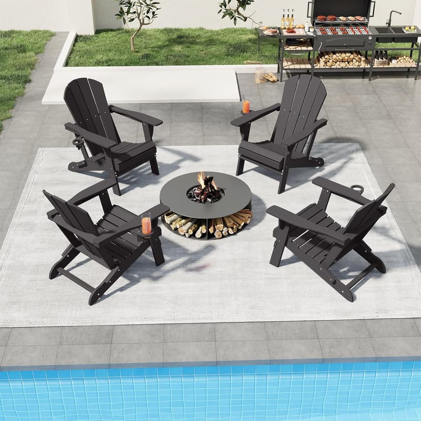 Folding Adirondack Chair Set of 8, HDPE All-Weather Patio Chairs for Outdoor, Patio, Lawn, Garden, Backyard Deck, Fire Pit - Black