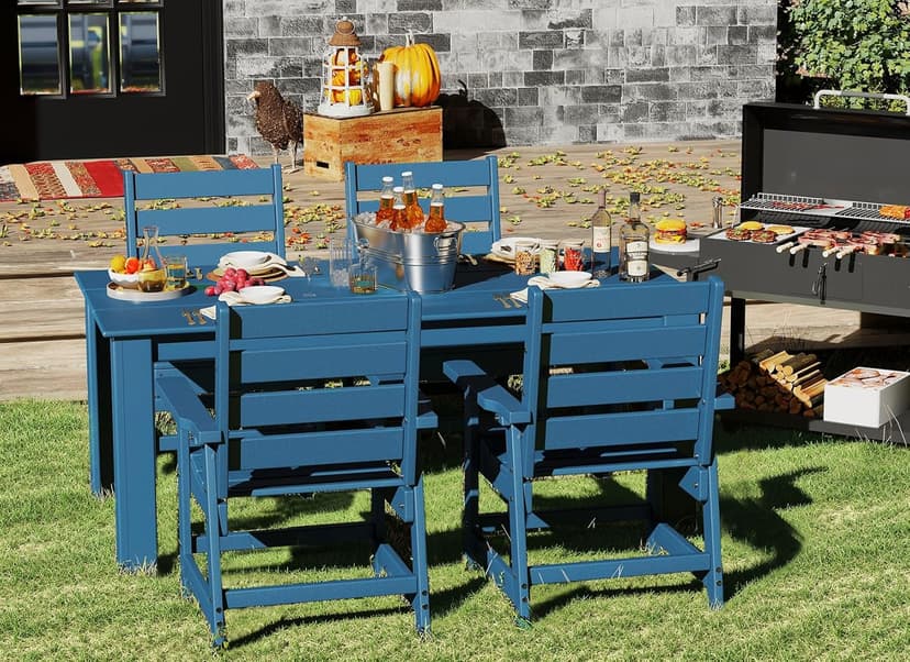 GREENVINES 7-Piece Outdoor Dining Set | HDPE | Patio Table and Chairs Sets for 6 | Patio Furniture | All Weather | Umbrella Hole | Blue| for Backyard Poolside Garden