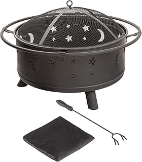Fire Pit - 32-Inch Outdoor Wood Burning Firepit with Screen, Poker, and Cover - Outdoor Fire Pits for Backyard, Deck, or Patio by Pure Garden (Black)