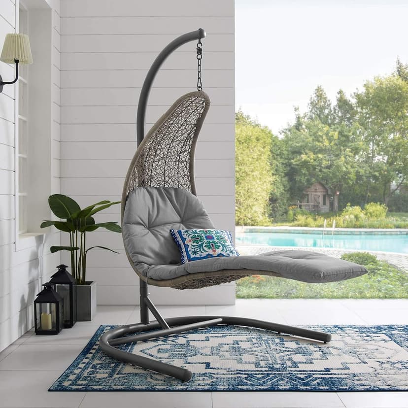 Modway Landscape Wicker Rattan Outdoor Patio Porch Chaise Lounge Hanging Swing Chair Set with Stand in Light Gray Gray
