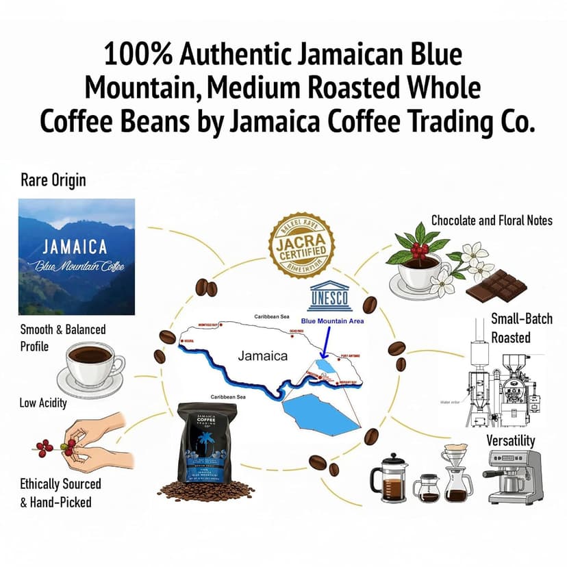 100% Jamaica Blue Mountain Coffee Beans No. 1, 227grams / 8oz - Medium Roast Whole Coffee Bean - 100% Pure Arabica, Small Batch Roasted - JACRA Certified, Low Acidity, Ethically Sourced