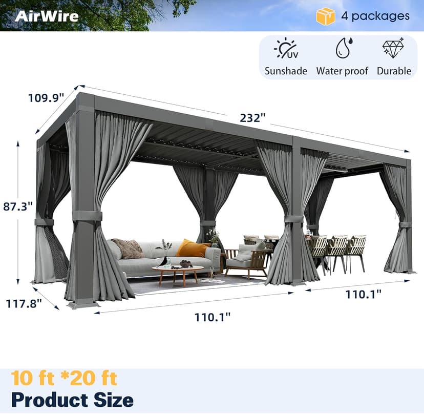 Pergola 10x20 Ft Louvered Pergola Aluminum Outdoor Pergolas W/Adjustable Roof, Waterproof Curtains and Nets Outdoor Gazebo for Deck,Patio,Backyard and Garden