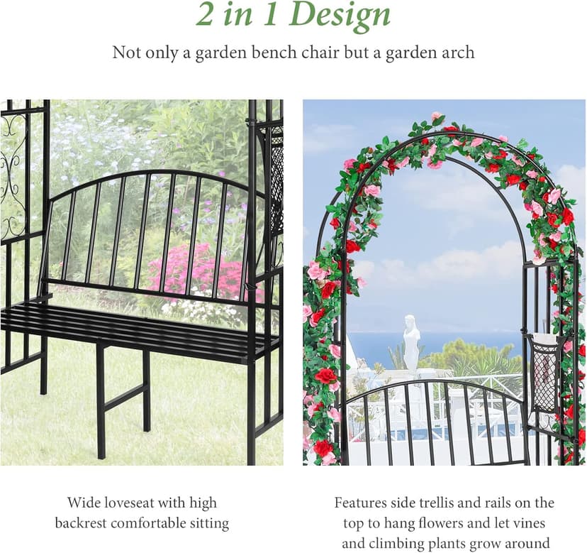 Garden Arch Heavy Duty (Holds 660lbs-250kg) | Metal Arbor Archway for Climbing Plant & Two People Seat Bench |Outdoor Lawn Backyard Decor 81 x 45.3 x 20 in - Black