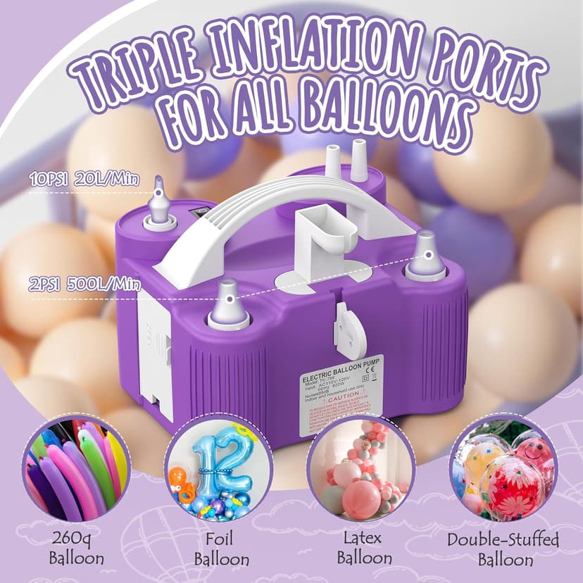 4-in-1 Electric Balloon Pump for All Balloons, Inflatables, and Sports Balls, Triple Inflating Ports for Latex Foil 260q Mylar Balloon, Inflator Deflator for Air Beds Pool Floats Yoga Balls