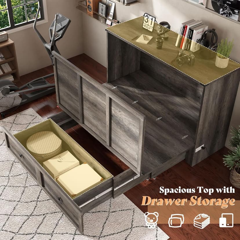 AMERLIFE Queen Murphy Bed with Storage & Charging Station, Farmhouse Murphy Cabinet with Foldable Panel, Noisy Free, for Living Room, Guest Bedroom, Office, Rustic Gray