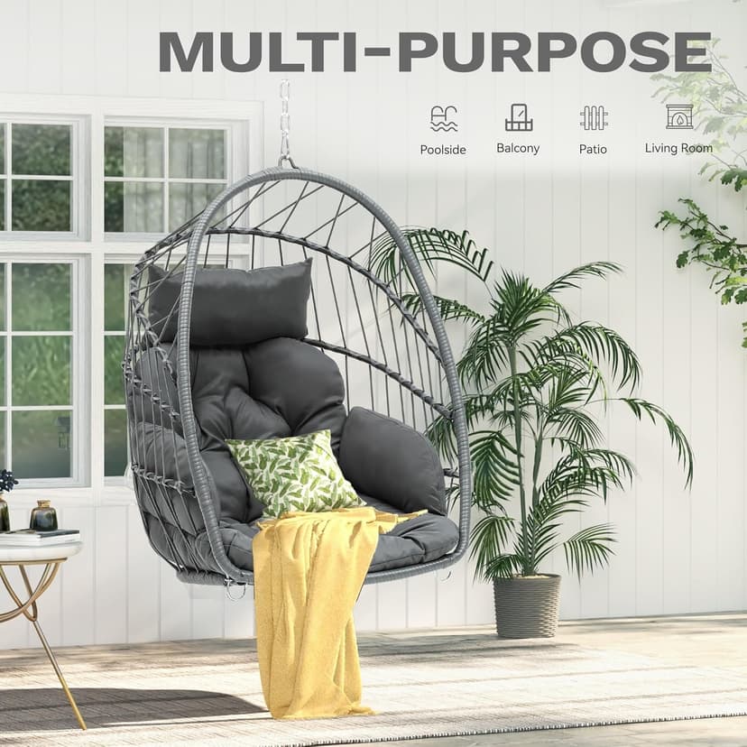 DWVO Egg Chair Without Stand, Basket Chair Hanging Outdoor Rattan Wicker Patio Hammock Indoor Egg Chair with Cushion, Hanging Swing Chair 350lbs for Porch, Garden, Bedroom, Balcony, Gray