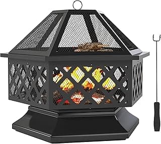 Outsunny 28" Outdoor Fire Pit Grill, Portable Wood Burning Firepit for Outside with Cooking Grate, Fire Poker, Spark Screen Lid, Steel Hexagon Fireplace for Patio Bonfire Backyard BBQ Camping Picnic