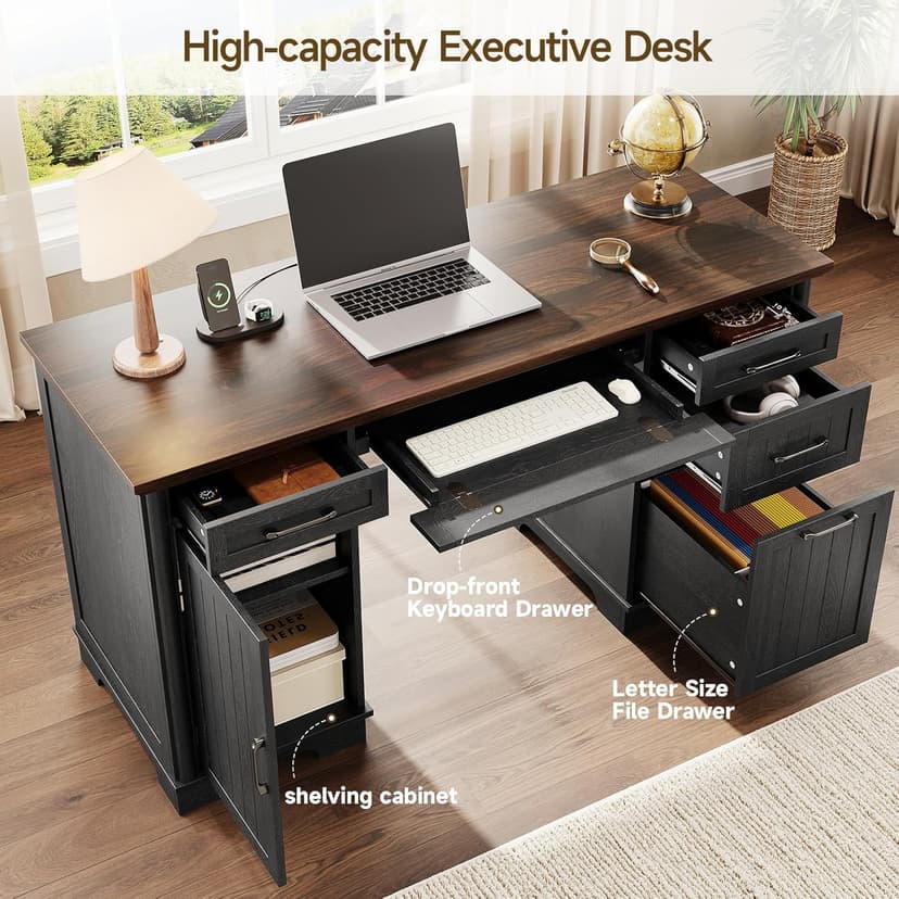 56" Large Modern Executive Desk, Farmhouse Computer Desk with File Drawers, Wood Home Office Desks with Charging Station, Adjustable Shelf, Storage Cabinet, for Writing Work Study (Black)