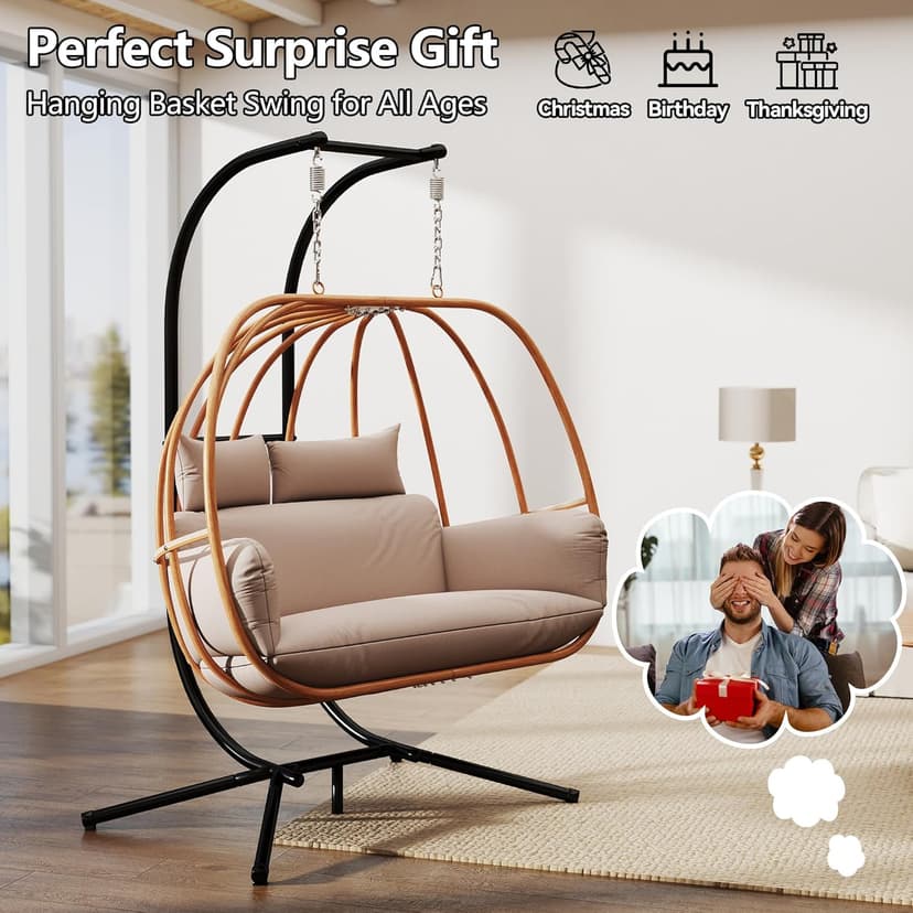 Double Egg Chair Outdoor, Egg Swing Chair with Stand, Hanging Egg Chair Outdoor with Cushions/Headrest, 80" H Hanging Chairs with Stand Indoor, Metal Basket Swing Egg Chairs for Deck, Khaki