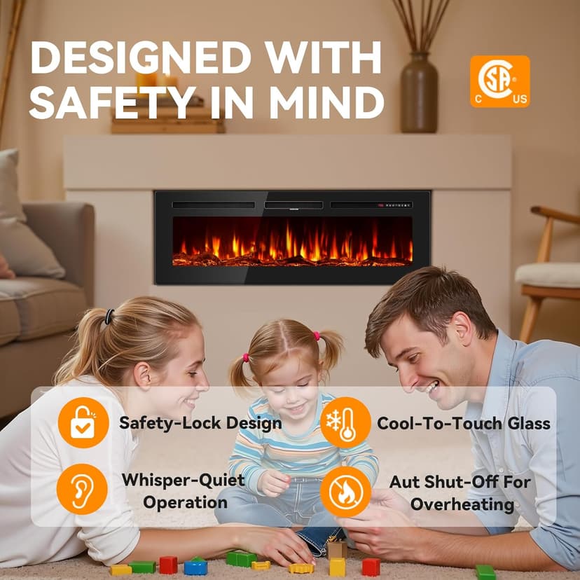 60 Inch Electric Fireplace in-Wall Recessed and Wall Mounted, Ultra-Thin Linear Fireplace Heater 750/1500W with Realistic Flame, Higher Temperatures & Lower Noise, Log Set & Crystal Options