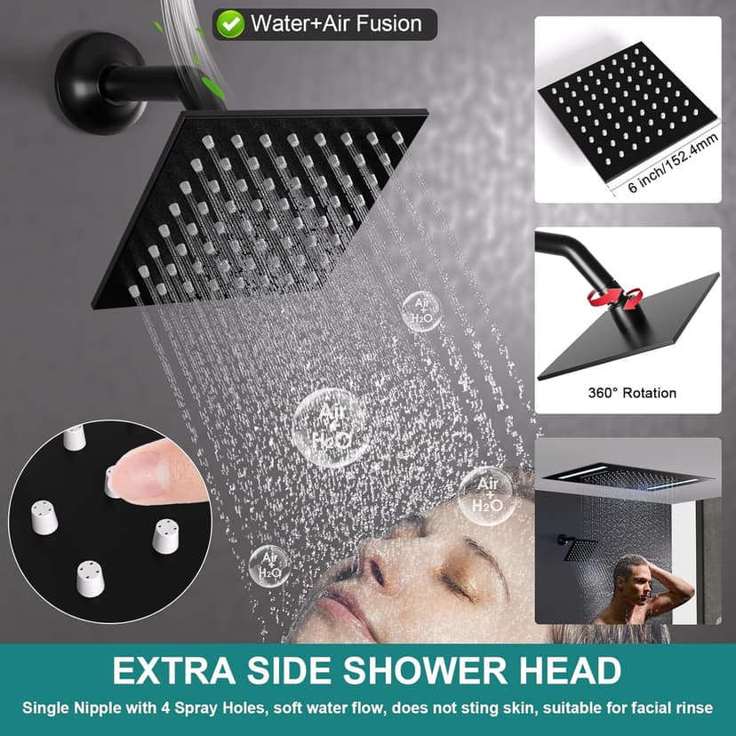HOMEDEC Double Shower Heads Full Body Shower System with 6pcs Body Jets, 3-in-1 Function 14x20inch and 6inch Showerheads, Rainfall Shower System, Black