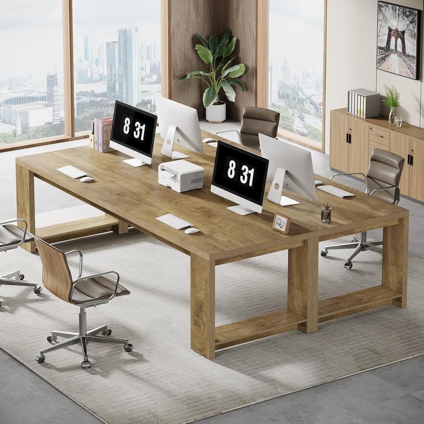 Tribesigns Two Person Desk, 86.6 Inches Extra Long Desk, Double Computer Writing Table, Wood Large Desks Workstation for Home Office, Natural Oak