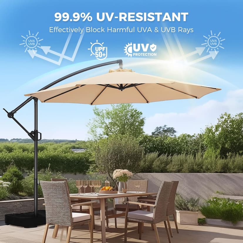 10ft Offset Patio Umbrella with Base Included, Cantilever Offset Hanging Patio Outdoor Market Umbrella UPF50+ UV Protection with Easy Tilt and Crank for Pool Deck and Garden