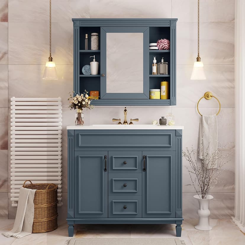 Merax 36" Bathroom Vanity with Sink, 36" Bathroom Vanity Cabinet with Matching Mirror Medicine Cabinet, Bathroom Storage Set (Blue)