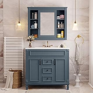 Merax 36" Bathroom Vanity with Sink, 36" Bathroom Vanity Cabinet with Matching Mirror Medicine Cabinet, Bathroom Storage Set (Blue)