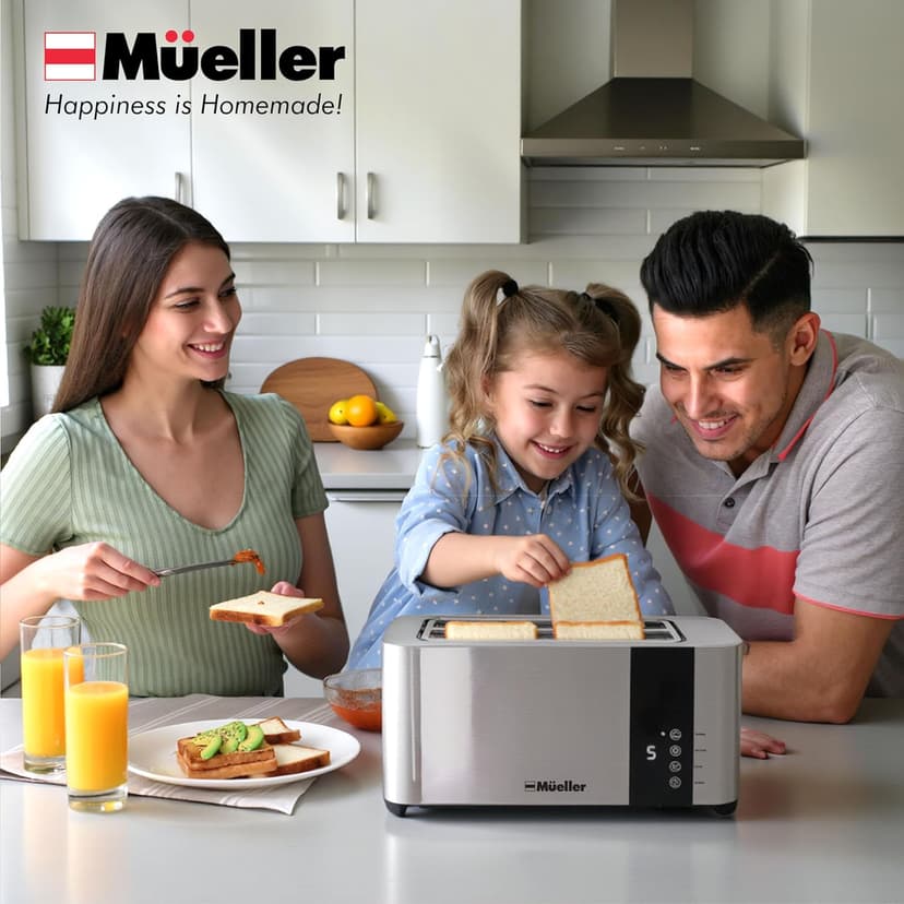 Mueller UltraToast Full Stainless Steel Toaster 4 Slice, Long Extra-Wide Slots for Bagels and Waffles, 6 Browning Levels, LED Display, Cancel/Defrost/Reheat Functions & Removable Tray, Kitchen Gadgets