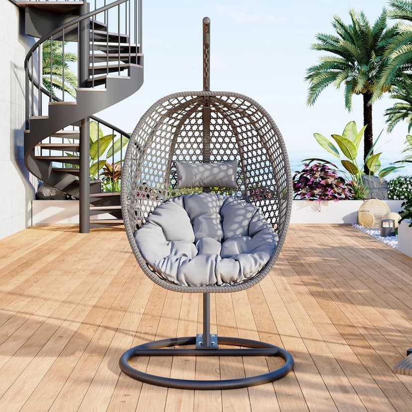 Egg Swing Chair Outdoor with Stand, Hanging Egg Rattan Basket Chair with Cushion and Pillow, Lounge Chairs, Foldable Basket and Metal Stand for Porch, Patio, Bedroom, Balcony,Yard (Grey)