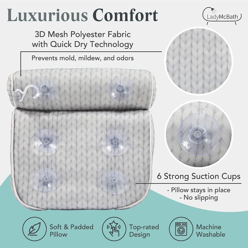 Lady McBath Bath Pillow - Luxury Bath Pillows for Tub Neck and Back Support - Powerful Suction Cups, Machine Washable Bathtub Accessory for Relaxation (Grey)