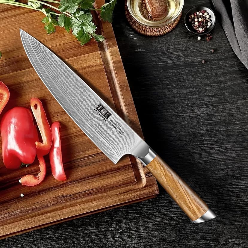 5 Pieces Kitchen Knife Sets, Ultra Sharp Professional Damascus Super Steel Chef Knives Sets with Ergonomic Olive Wood Handle, Including Chef, Bread, Santoku, Utility & Paring Knives