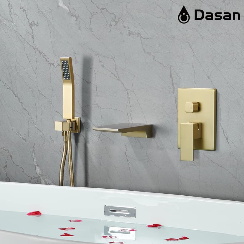 DASAN Waterfall Tub Filler Faucet Wall Mount with Hand Shower, Modern Wall Mounted Bathtub Faucet Brushed Gold Tub Faucet with High Flow Rough in Valve, SA-TF01WH-BG