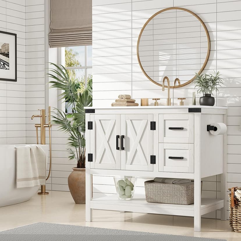 AMERLIFE 36" Farmhouse Bathroom Vanity with Sink Combo, Wood Barn Door Freestanding Small Single Bath Storage Cabinet Set with Sliding Drawers & Open Shelf, Paper Towel Holder, Antique White