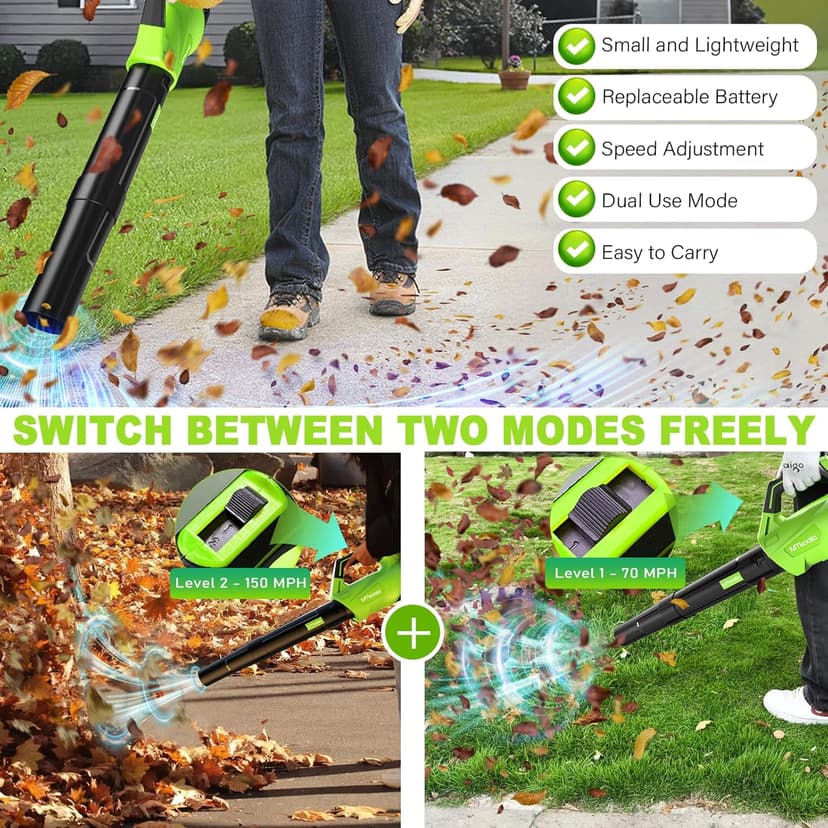 2025 Upgrade Leaf Blower, Leaf Blower Cordless with 2*2.6AH Batteries and Fast Charger, 450CFM &150MPH and 2 Speed Mode, Lightweight Electric Leaf Blowers for Lawn,Yard, Leaves, Dust,Snow Care(Green)