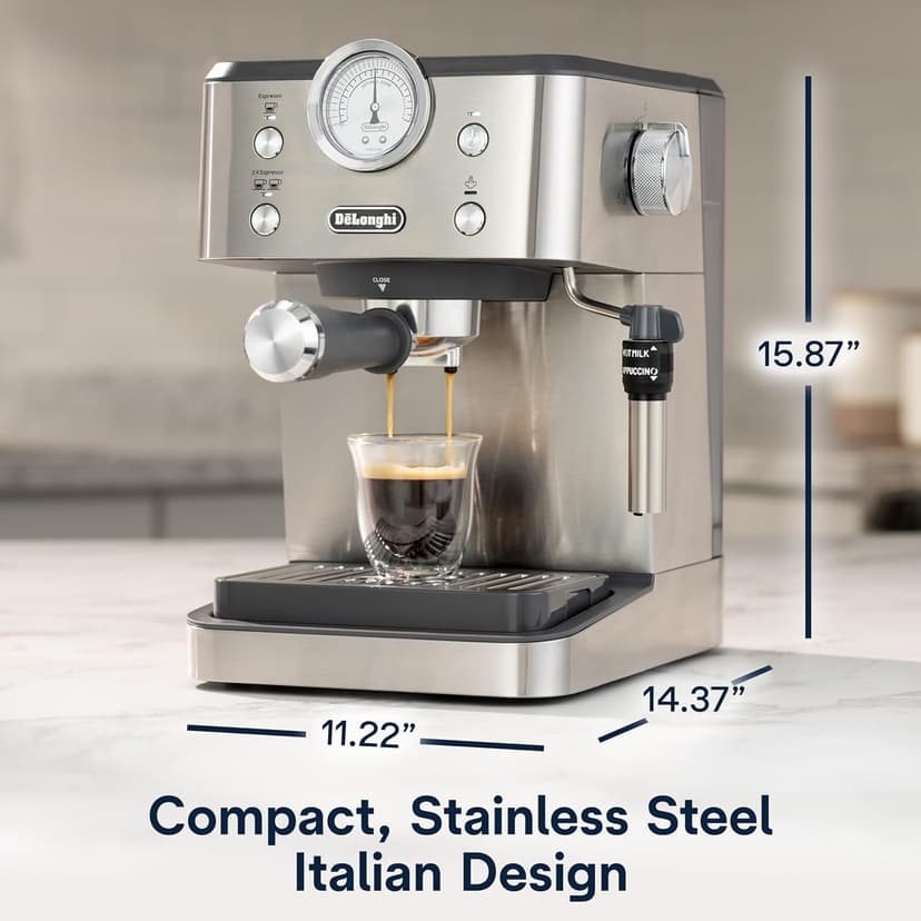 De’Longhi Linea Classic Espresso Machine with Milk Frother, 15-Bar Pump & Temperature Control - Barista Coffee Maker Kit for Espresso, Latte, Cappuccino & Iced Coffee - Italian Stainless Steel Design