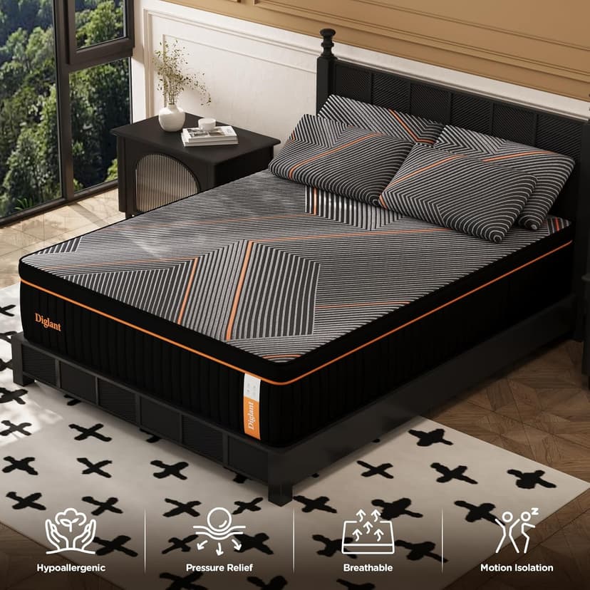 DIGLANT King Mattress,14 Inch Plush Hybrid Mattress, Black Memory Foam with Individually Pocket Coils Mattress King Size in Box, Euro Top Mattress for Pressure Relief,Balanced Support, 76"*80"