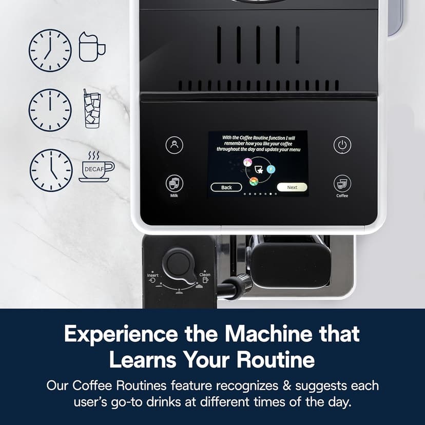 De'Longhi Rivelia Automatic Espresso Machine with Grinder & Milk Frother – All-in-One Coffee Maker, Hot & Iced Latte, Cappuccino, Bean Switch System, Burr Grinder, Compact Italian Design, White