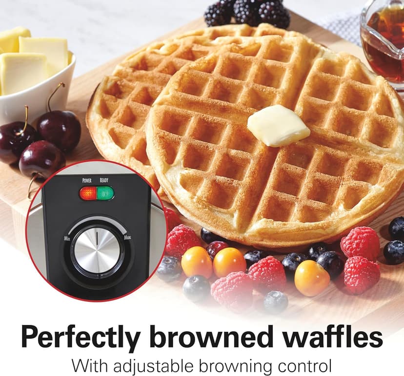Hamilton Beach Belgian Waffle Maker with PFAS-Free Non-Stick Ceramic-Coated Plates, Browning Control, Indicator Lights, Stainless Steel (26081)